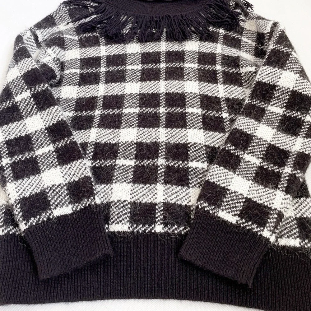 Kate Spade Dark Academia Plaid Checked Mohair Fringe Turtleneck Sweatshirt